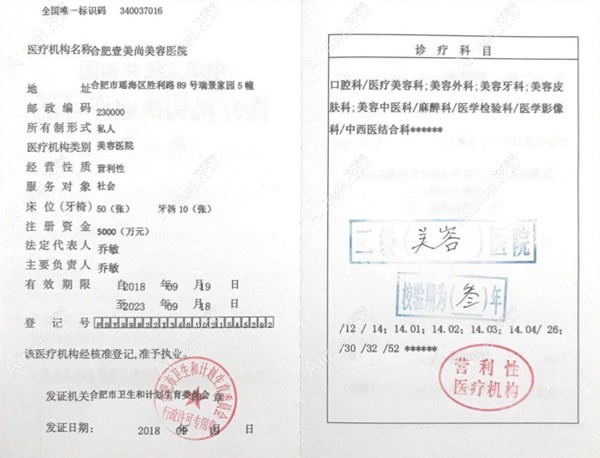 合肥壹加壹整形美容医院医疗机构执业许可证