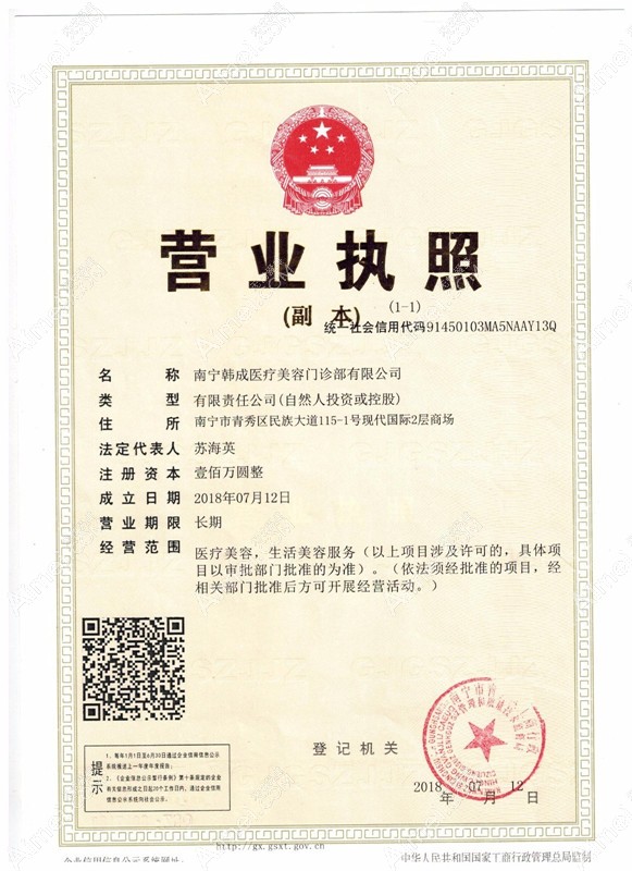 南宁韩成医疗美容门诊部营业执照