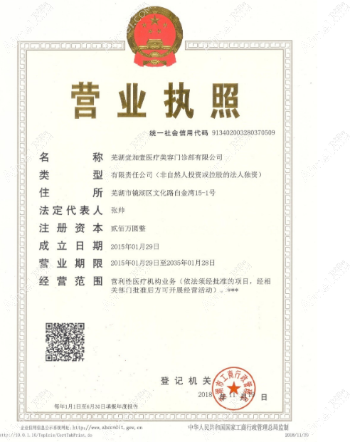 芜湖伊莱美整形外科医院营业执照