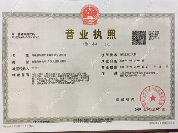 济南韩氏整形外科医院营业执照