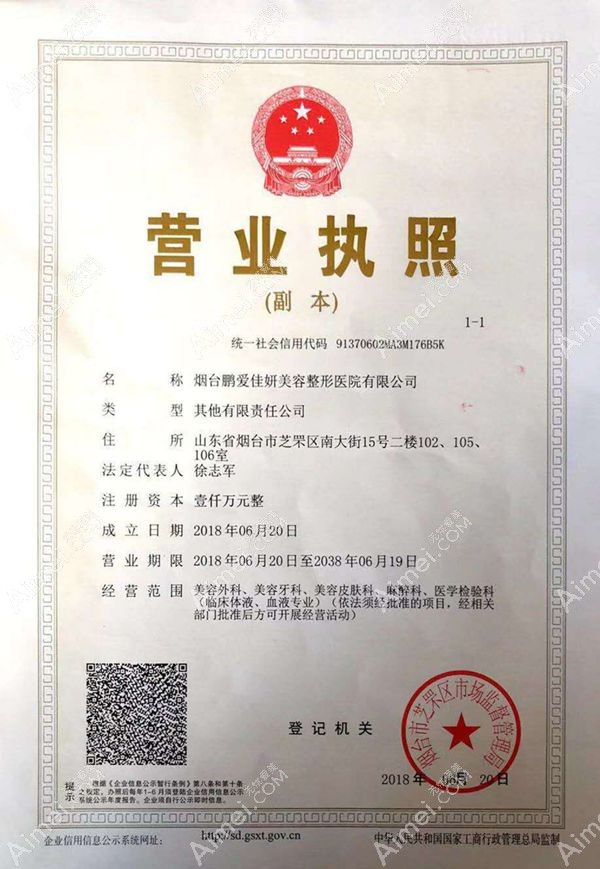 烟台鹏爱佳妍美容整形医院营业执照