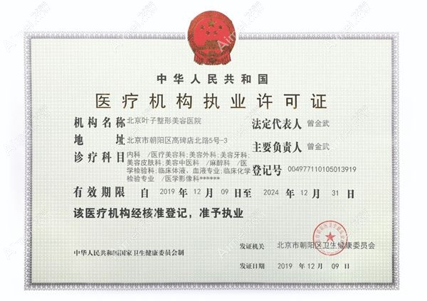 北京叶子整形美容医院医疗机构执业许可证