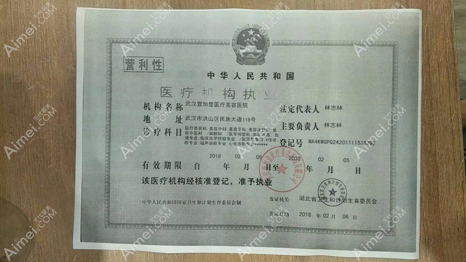 武汉壹加壹医疗美容医院医疗机构执业许可证
