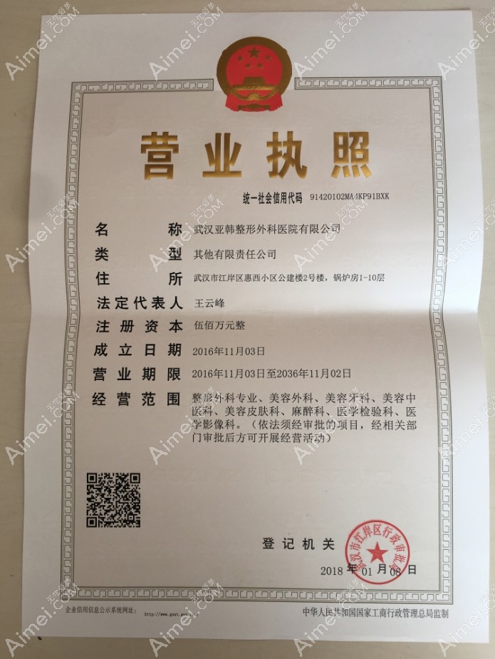 武汉亚韩整形外科医院营业执照