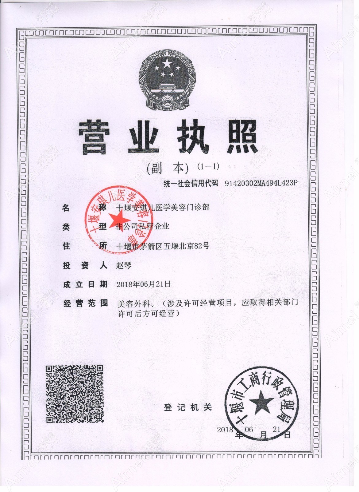十堰安琪儿医学美容门诊部营业执照