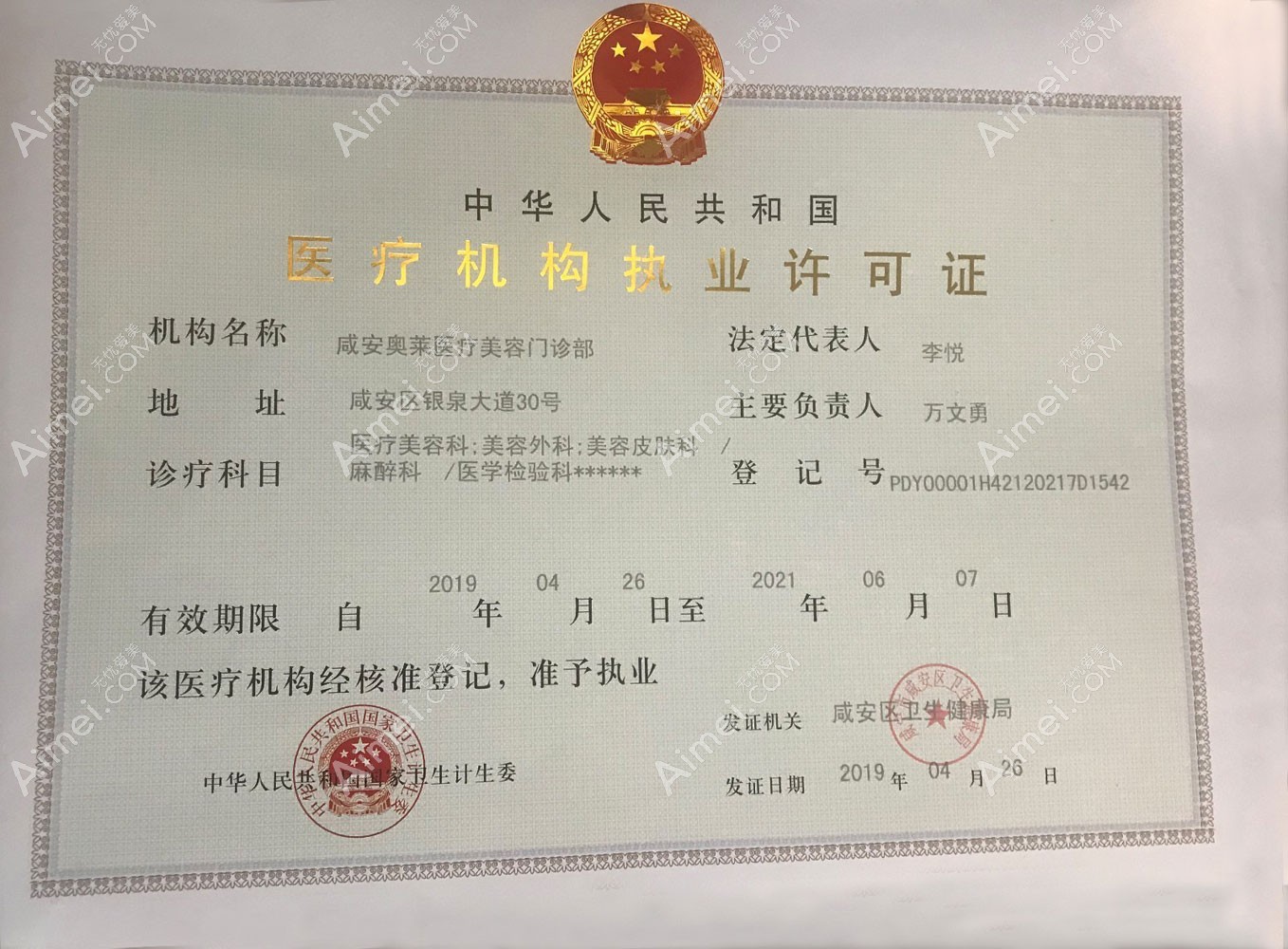 咸宁奥莱医疗美容门诊部医疗机构执业许可证
