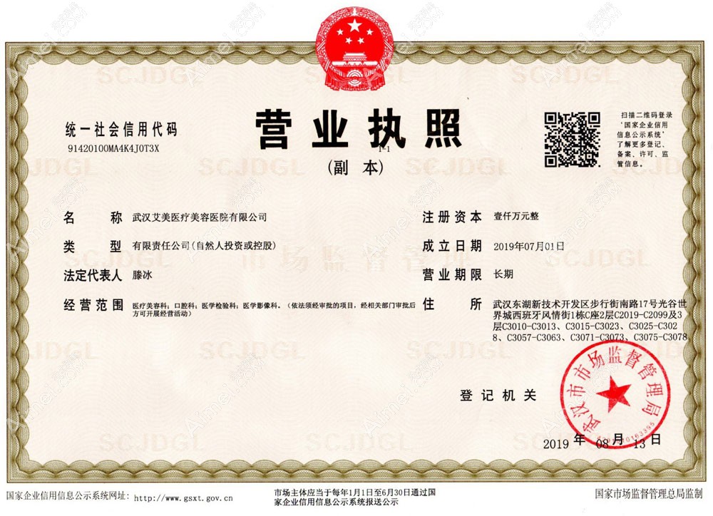 武汉艾美医疗美容医院营业执照