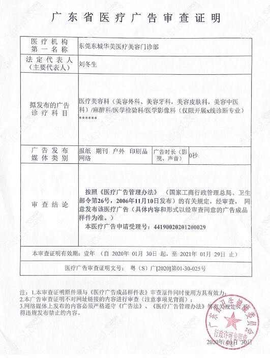 东莞东城华美医疗美容门诊部广审表