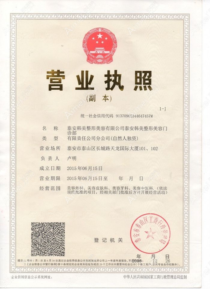 泰安韩美医疗美容门诊部营业执照