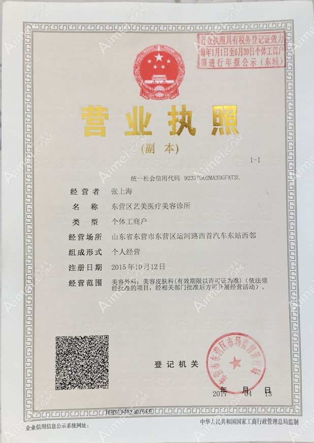 东营艺美医疗美容诊所营业执照