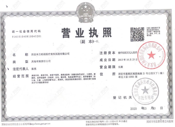 西安米兰柏羽医疗美容医院营业执照