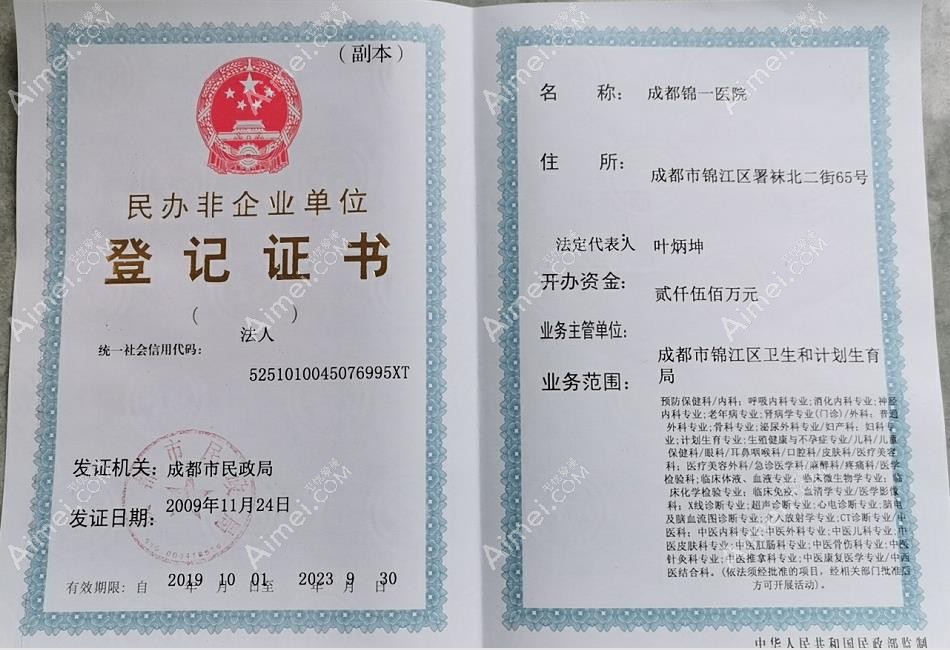 成都锦一医院疤痕科登记证书