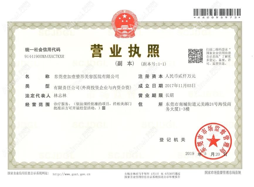东莞壹加壹整形美容医院营业执照