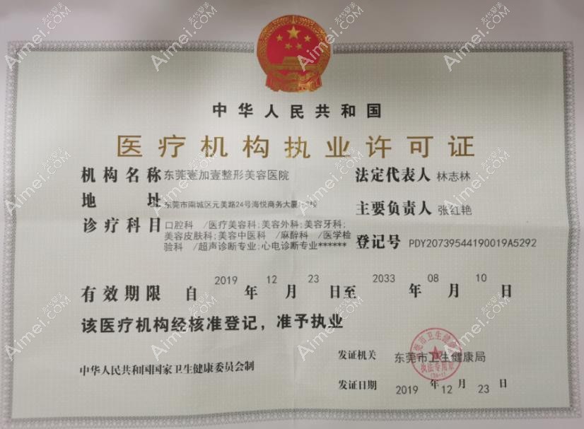 东莞壹加壹整形美容医院医疗机构执业许可证