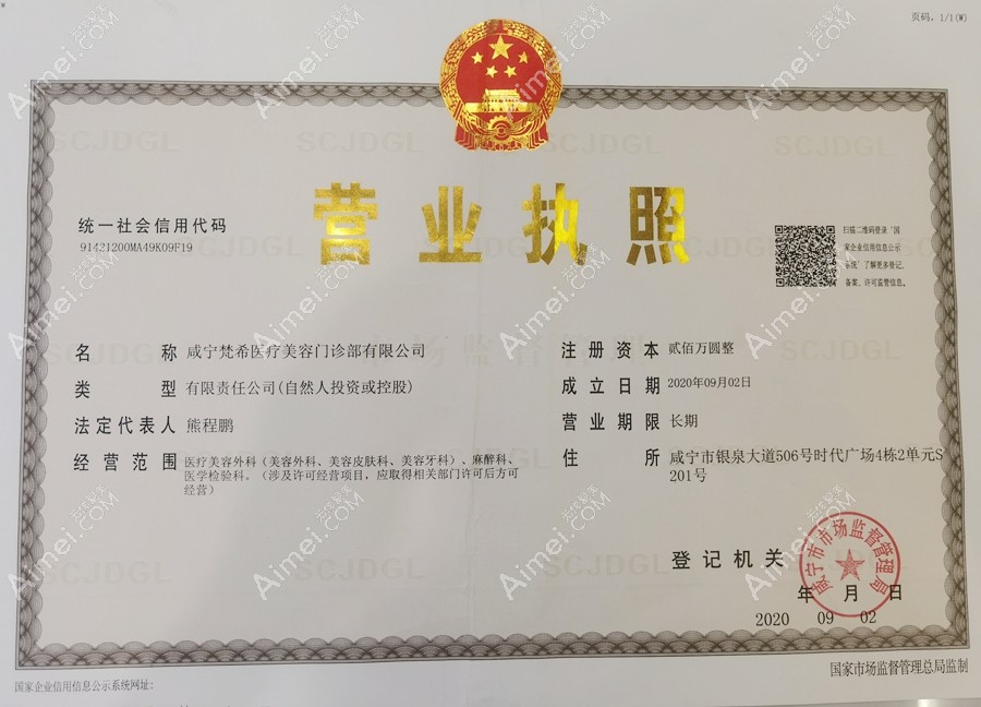 咸宁梵希医疗美容门诊部营业执照
