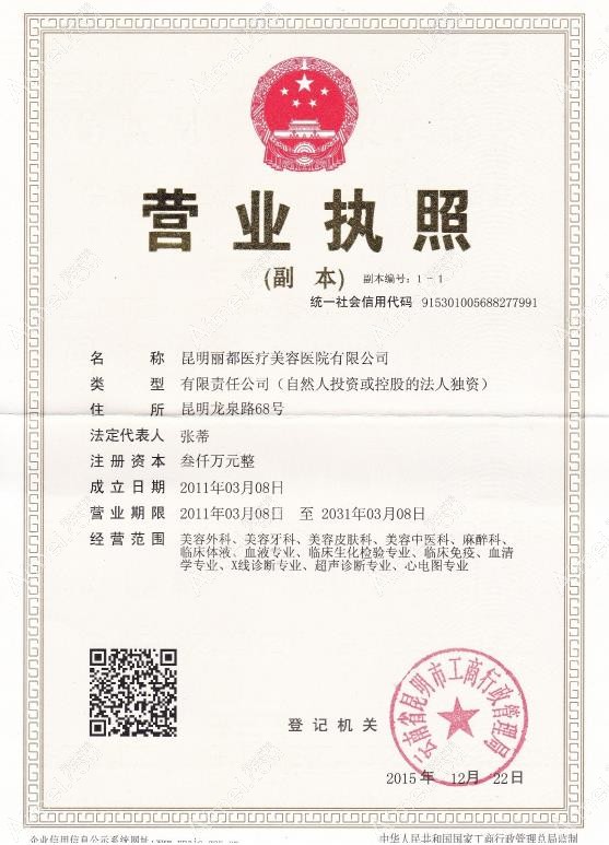 昆明丽都医疗美容医院营业执照
