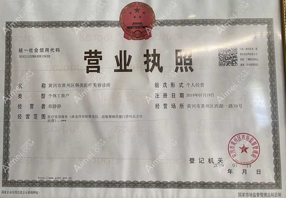 黄冈市黄州区韩美医疗美容诊所营业执照