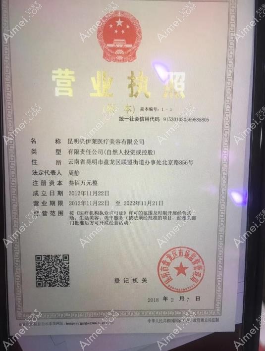 昆明美伊莱医疗美容门诊部营业执照
