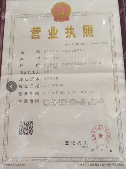 衡阳美莱医疗美容医院营业执照