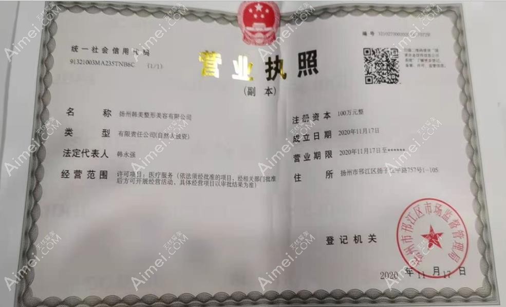 扬州邗江韩美医疗美容诊所营业执照