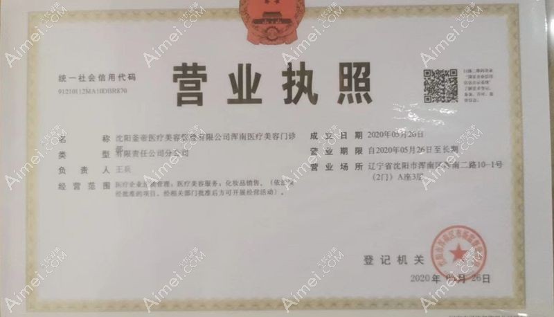 沈阳浑南釜帝医疗美容门诊部营业执照