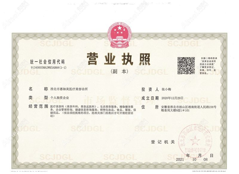 淮北惠珈美医疗美容诊所营业执照