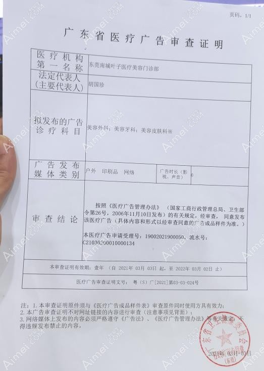 东莞南城叶子医疗美容门诊部广审表