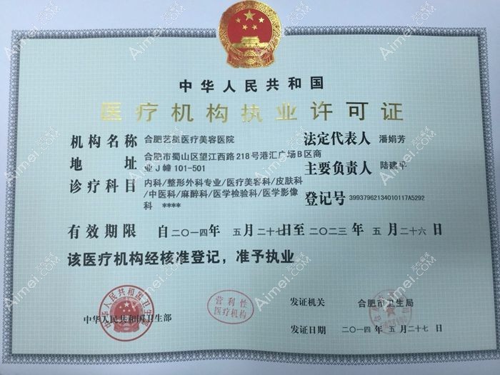 合肥艺星医疗美容医院医疗机构执业许可证