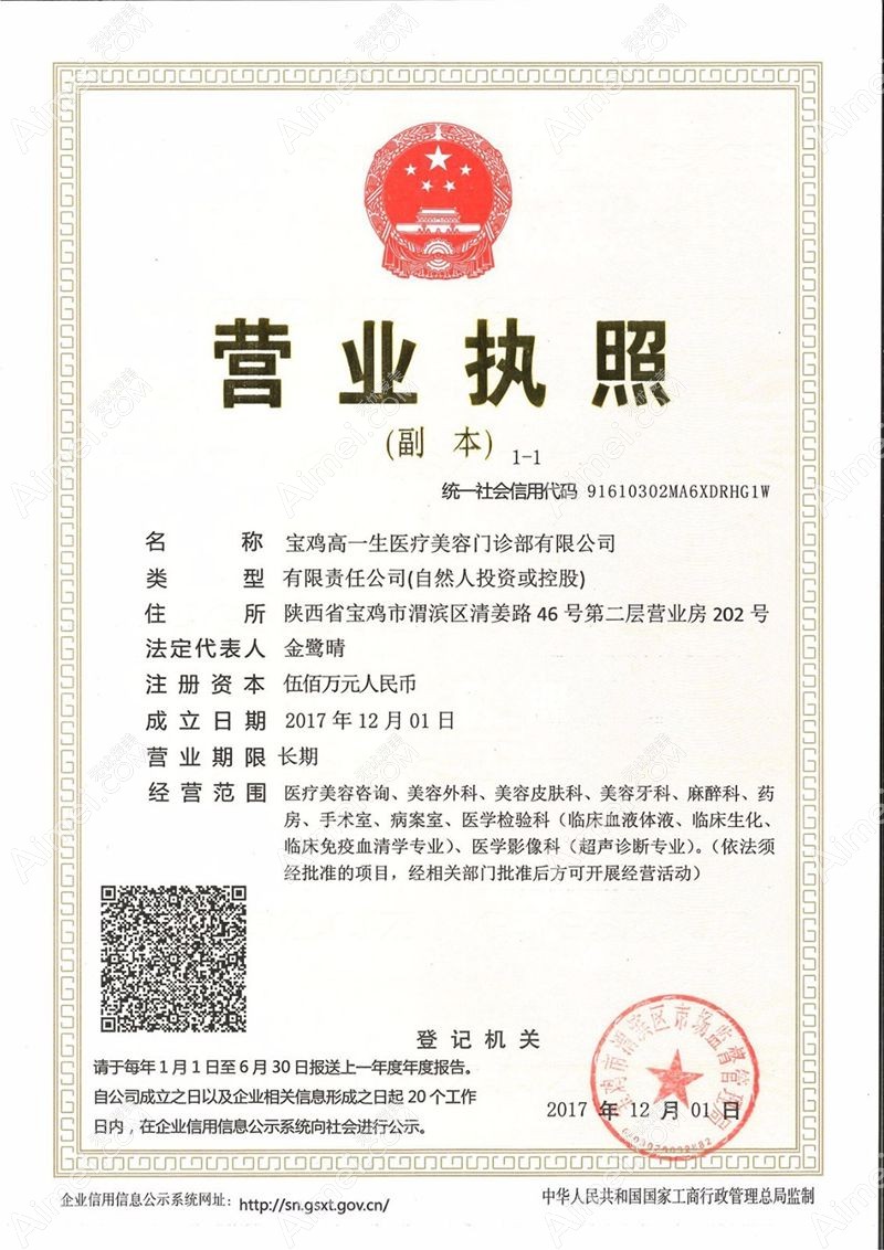 宝鸡高一生医疗美容门诊部营业执照