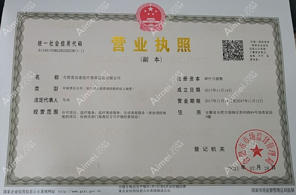 合肥瑶海壹加壹美容医院营业执照