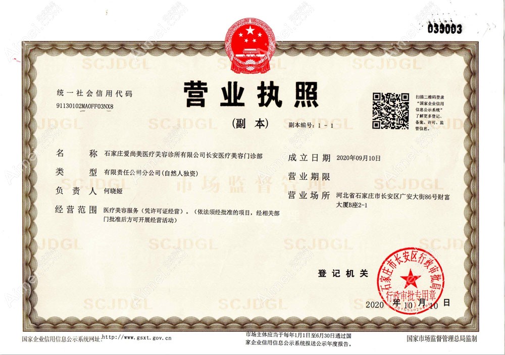 石家庄爱尚美医疗美容诊所营业执照