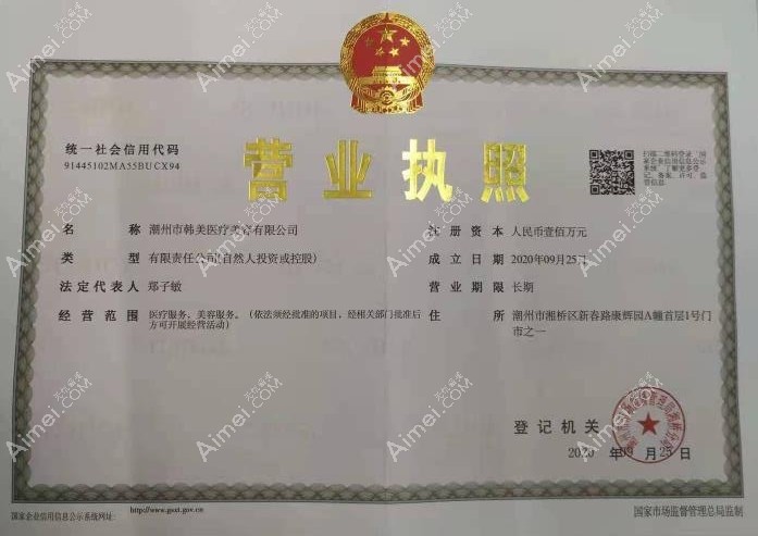 潮州韩美医疗美容诊所营业执照