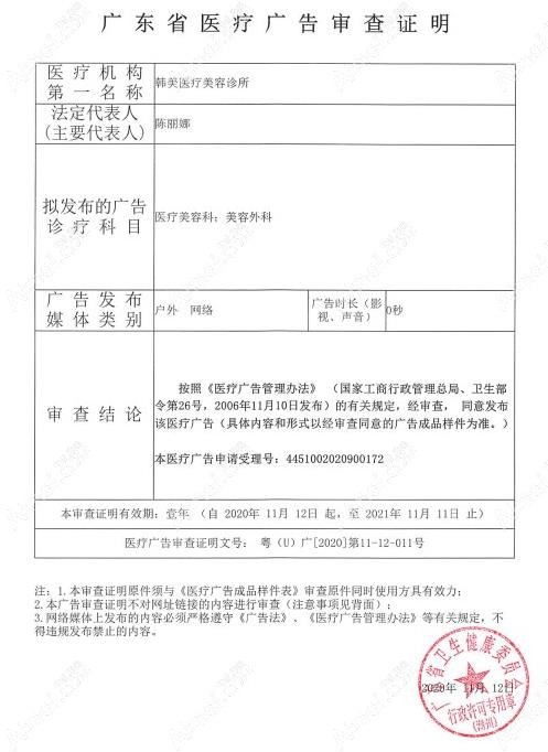 潮州韩美医疗美容诊所广审表