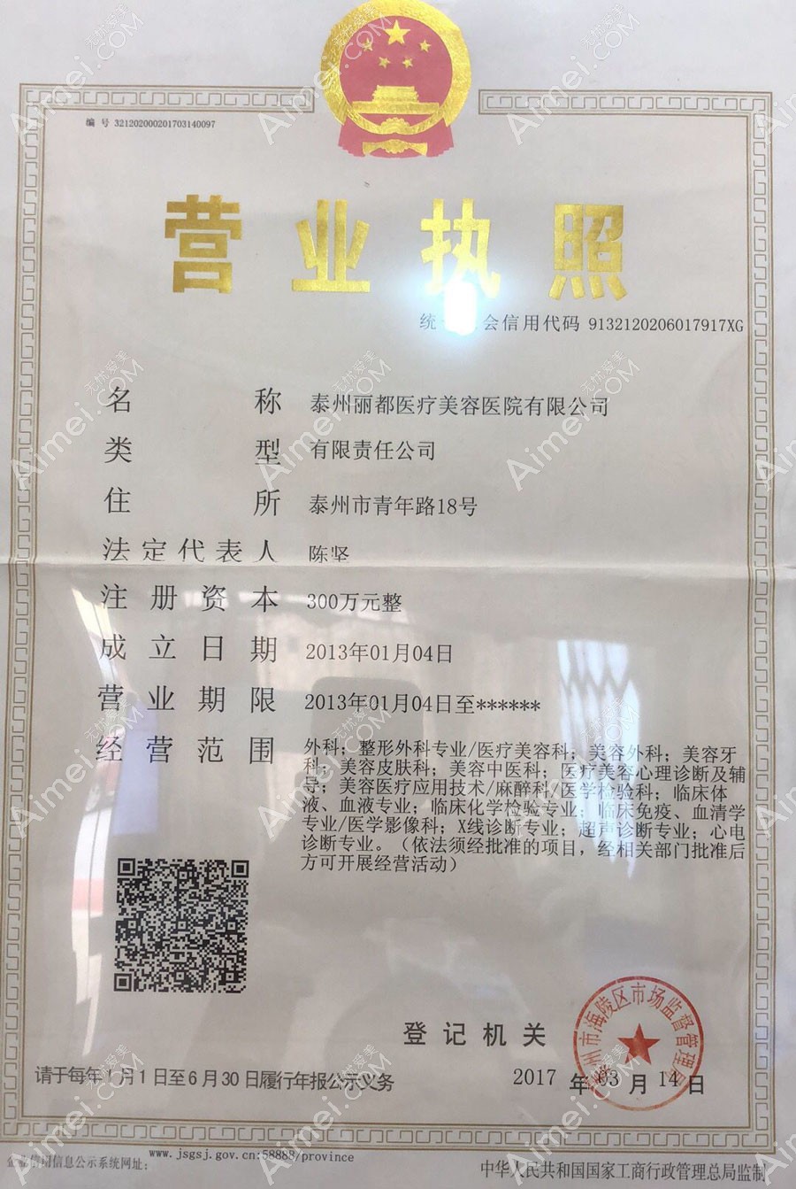 泰州丽都医疗美容医院营业执照