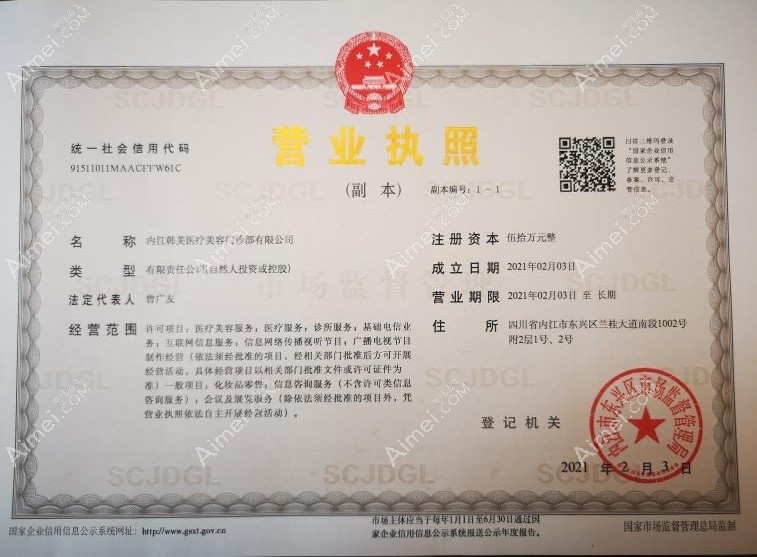 内江韩美医疗美容门诊部营业执照