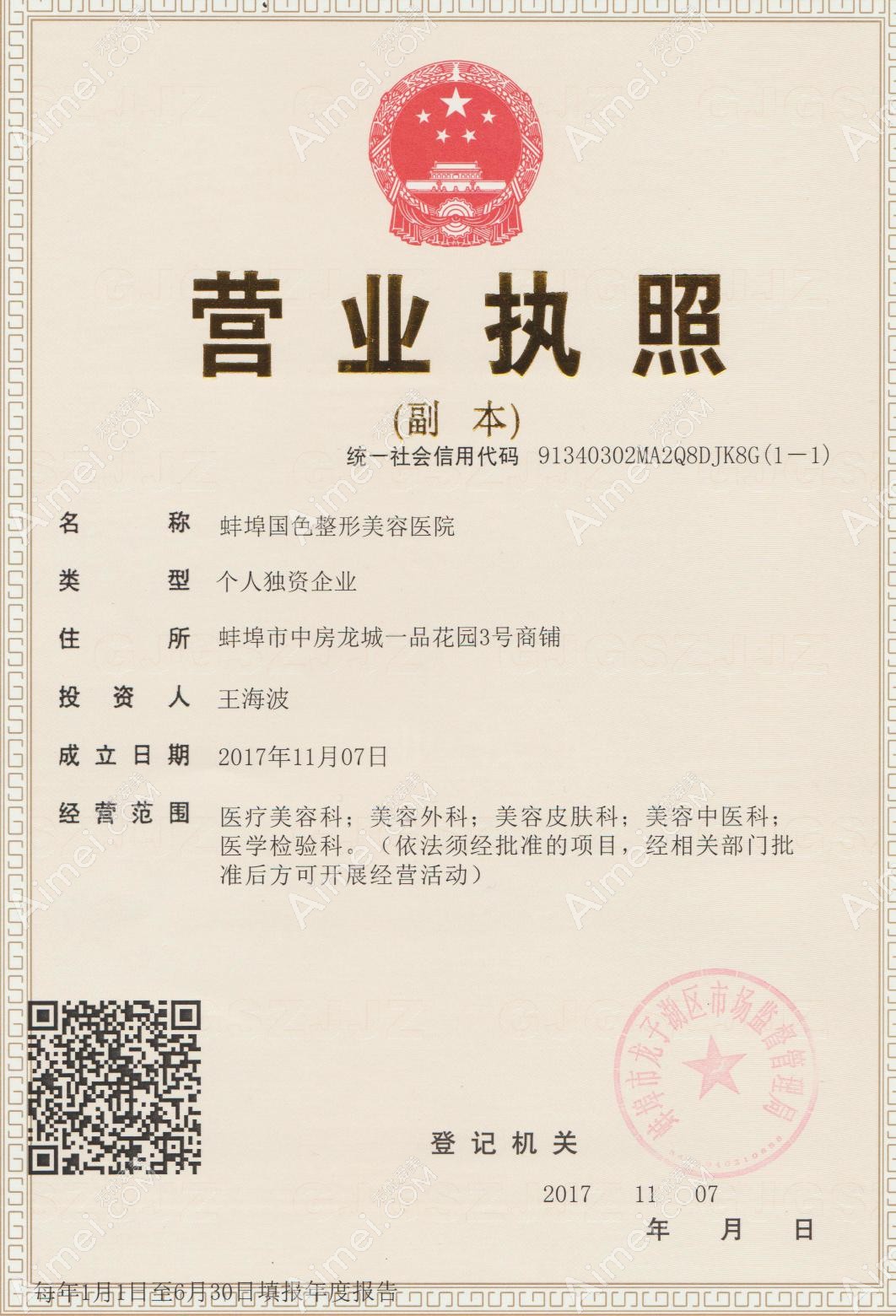 蚌埠国色整形美容医院营业执照
