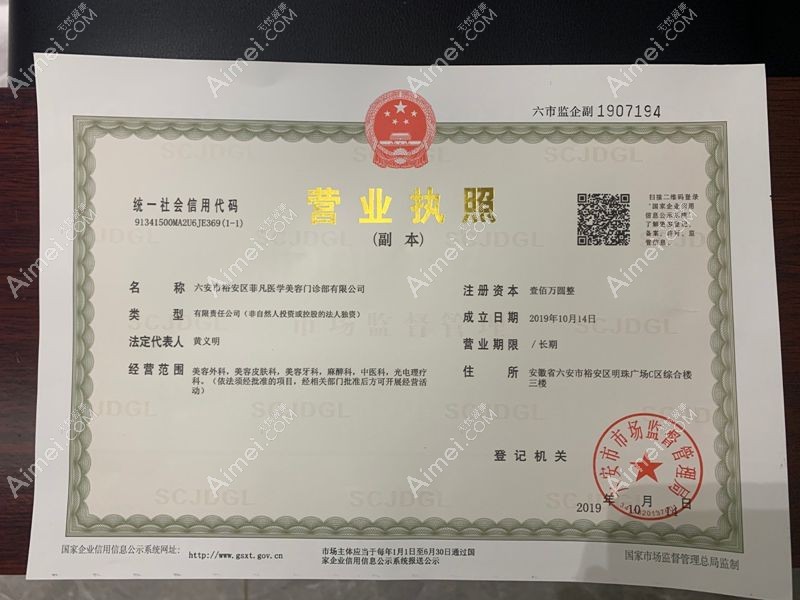 六安裕安菲凡医学美容门诊部营业执照