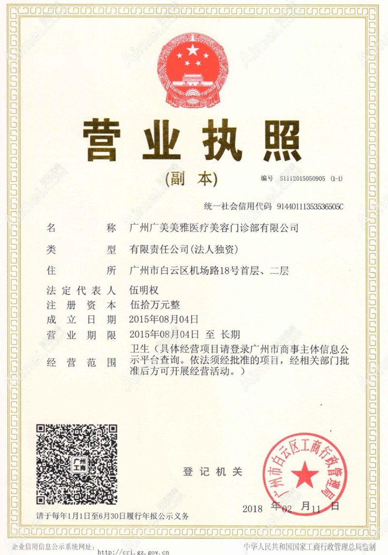 广州广美美雅医疗美容门诊部营业执照