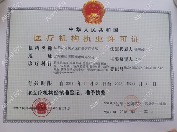 沈阳沈河腾采医疗美容门诊部医疗机构执业许可证