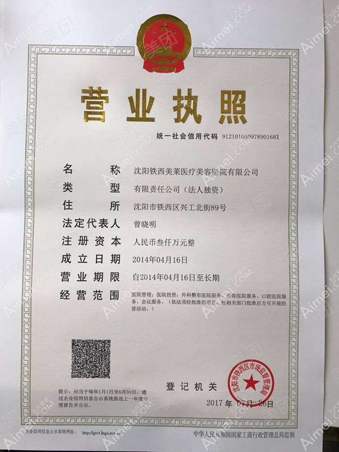 沈阳铁西美莱医疗美容医院营业执照
