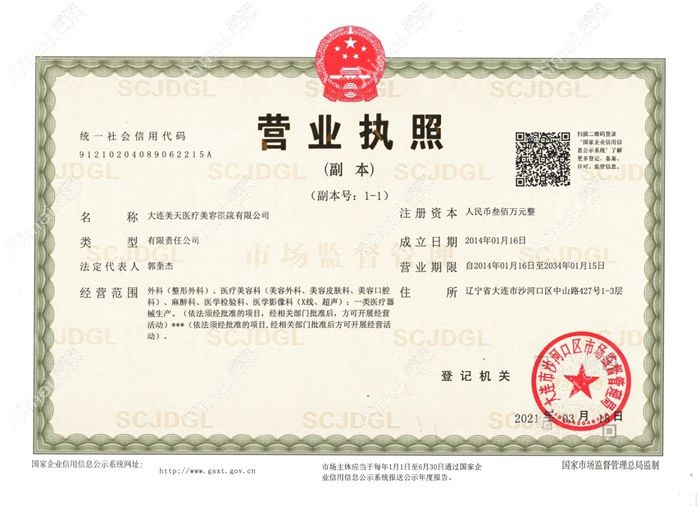 大连美天医疗美容医院营业执照