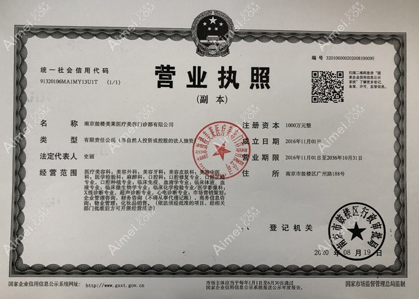 南京美莱医疗美容门诊部营业执照