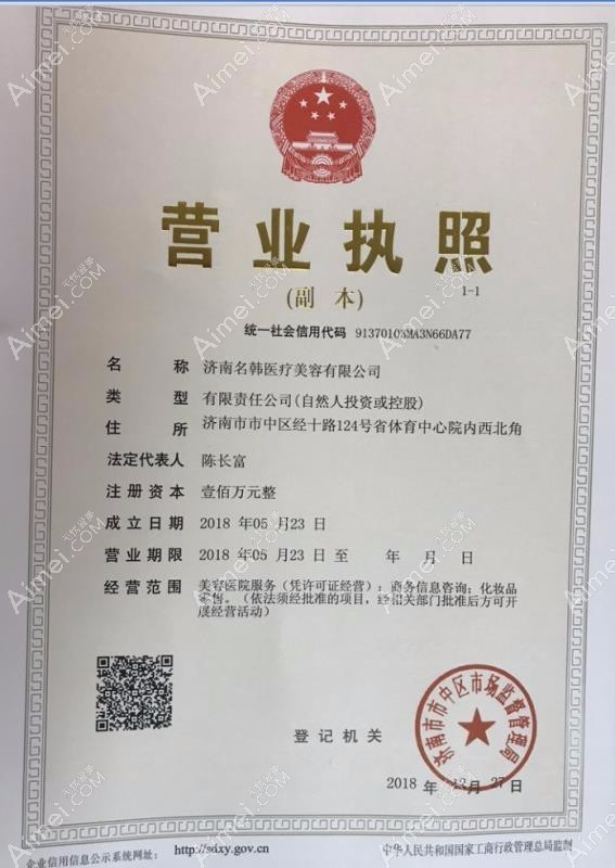 济南名韩医疗美容诊所营业执照