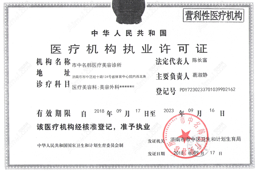济南名韩医疗美容诊所医疗机构执业许可证