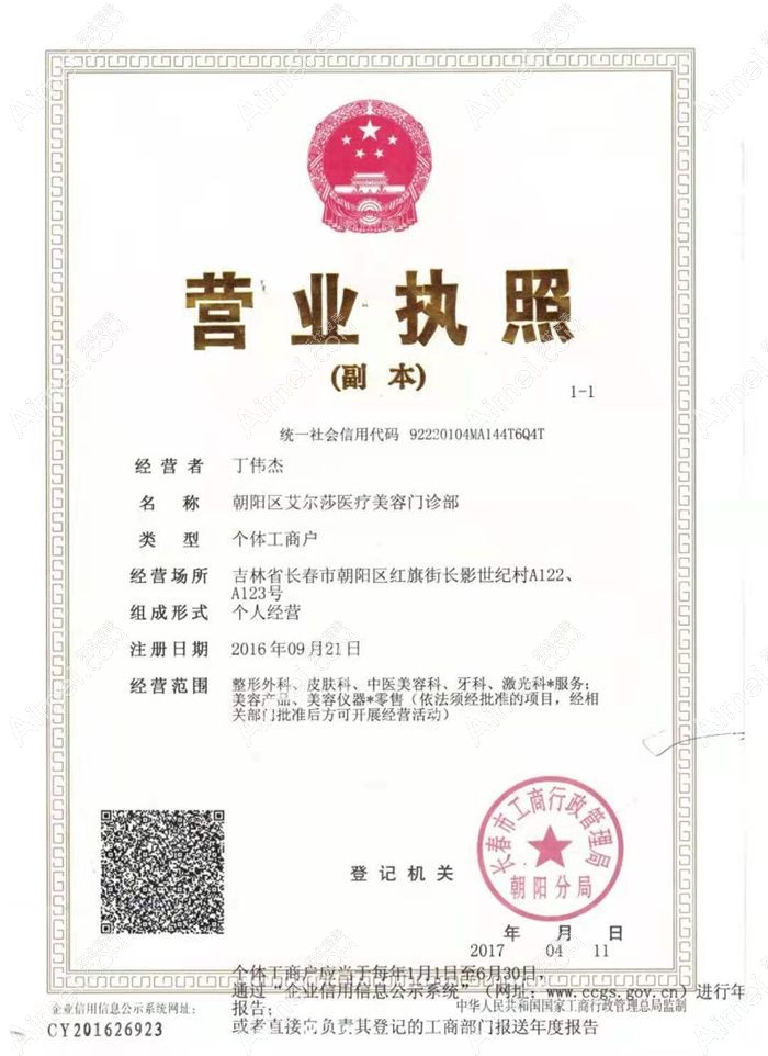 长春朝阳艾尔莎医疗美容门诊部营业执照