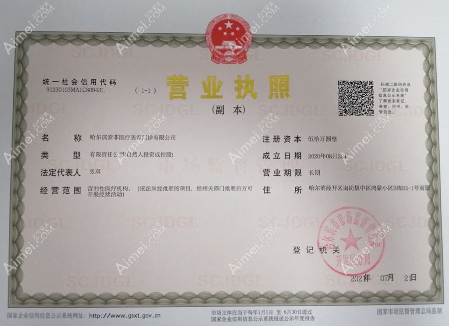 哈尔滨索菲医疗美容门诊部营业执照
