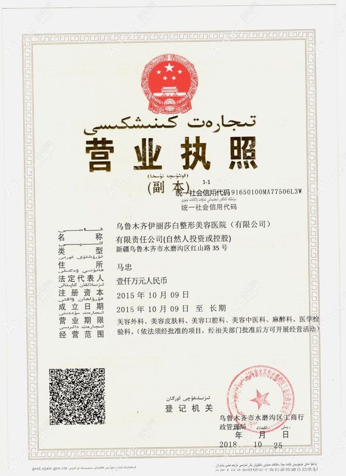 乌鲁木齐伊丽莎白整形美容医院营业执照