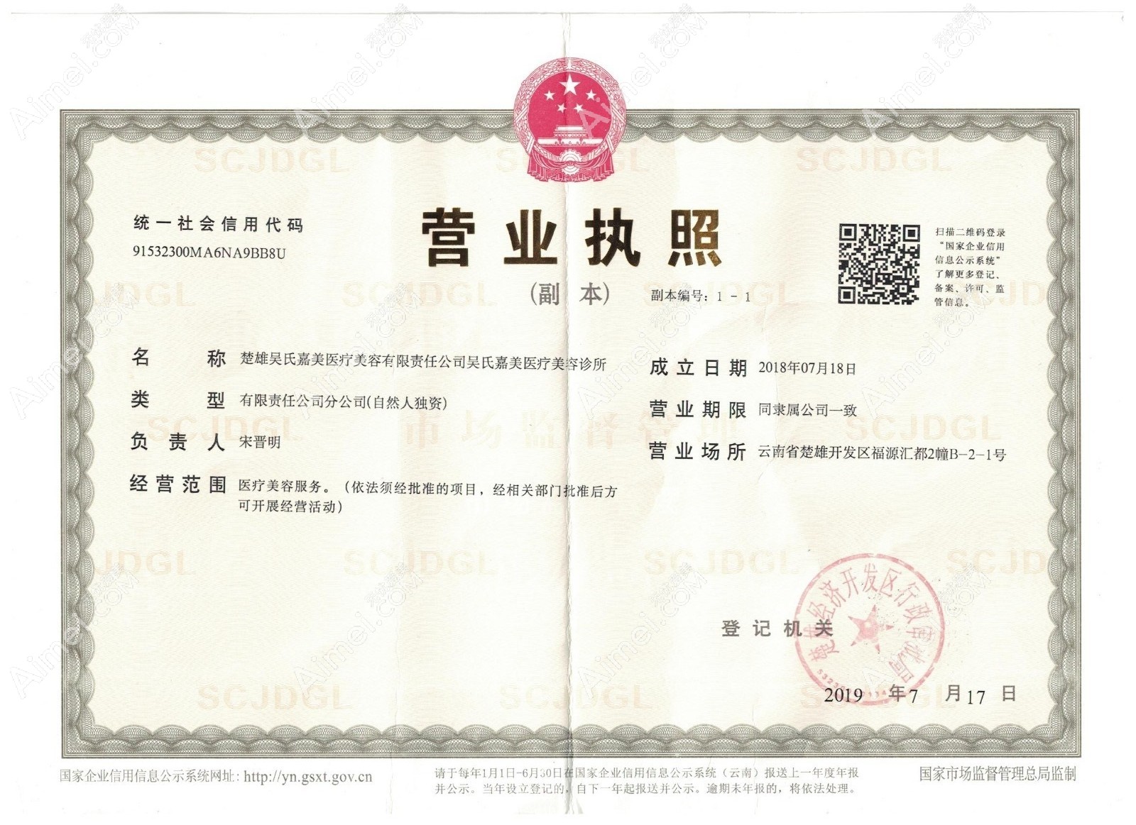 楚雄吴氏嘉美医疗美容门诊部营业执照