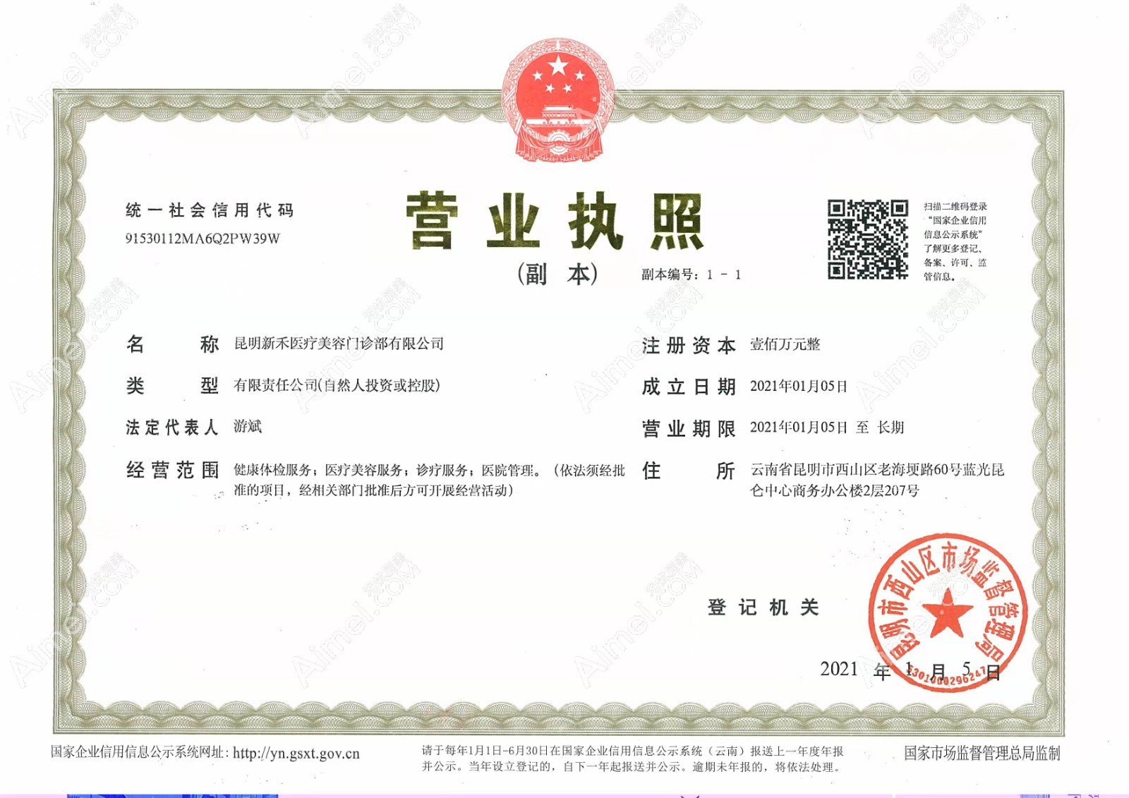 昆明新禾医疗美容门诊部营业执照